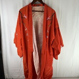 Vintage Kimono Best Quality Made Japan Rayon Red Floral Embroidered Robe W/ Belt